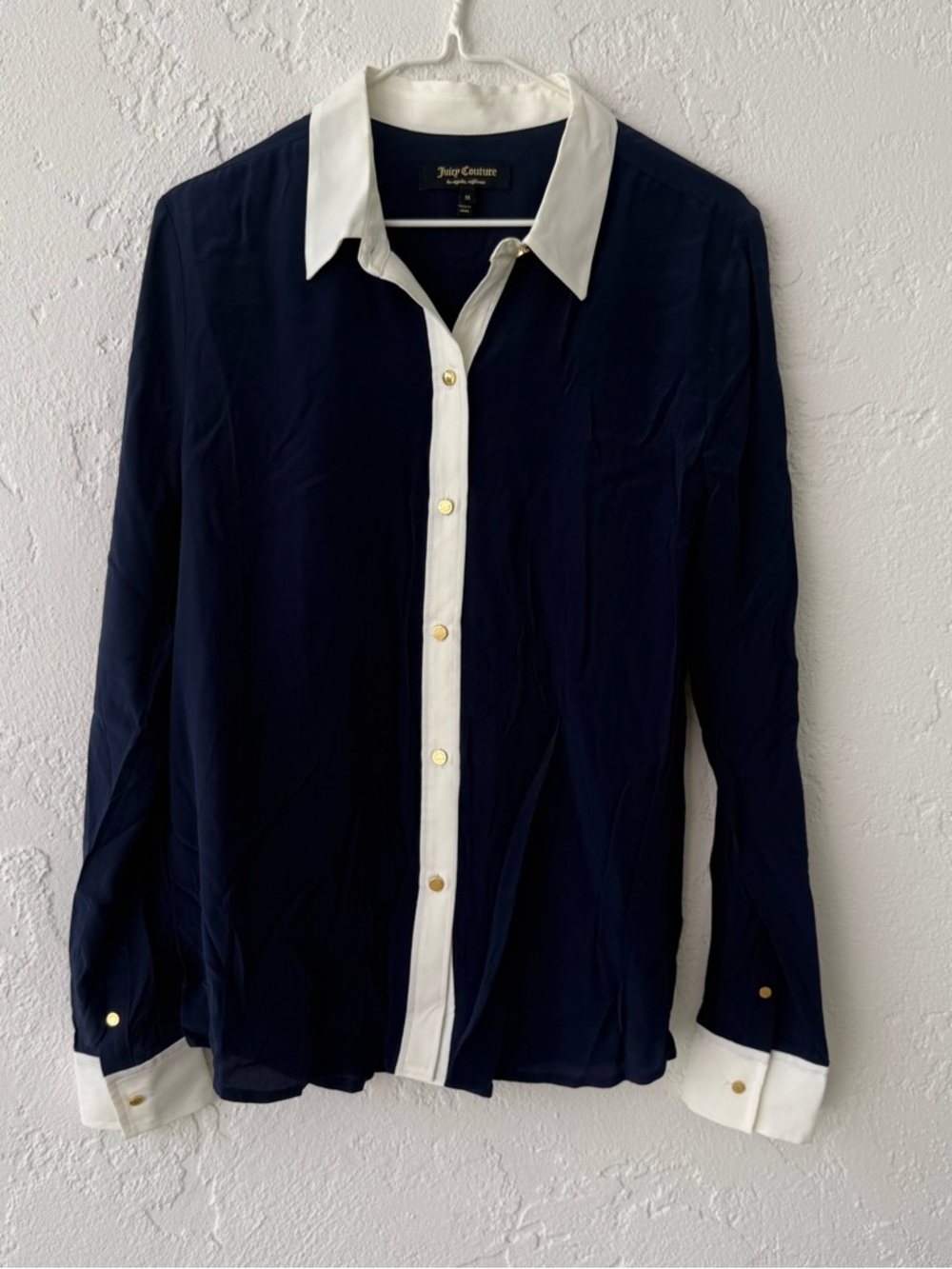 NWOT Juicy Couture Silk Navy and White Contrast Collar Blouse